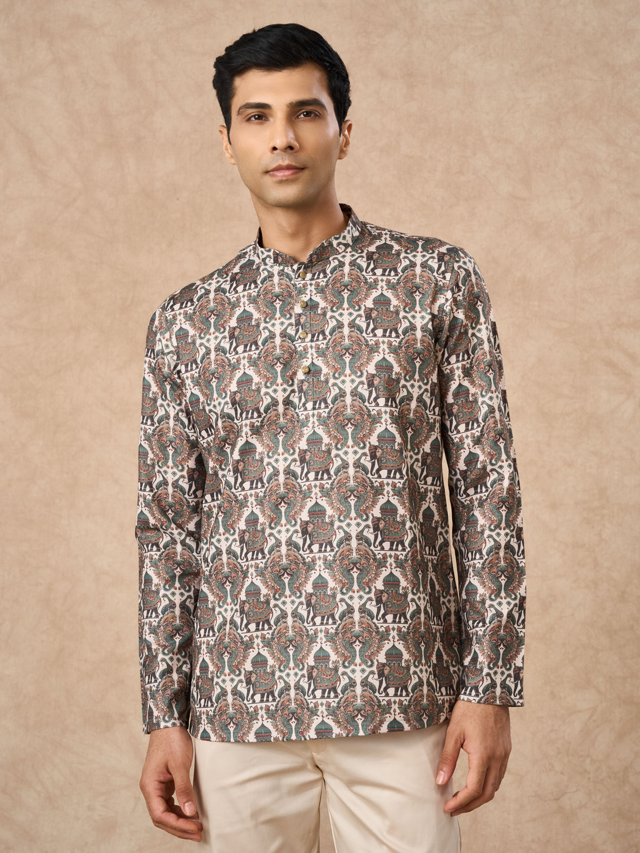 Manyavar Men Olive Green Blended Cotton Printed Short Kurta