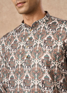 Manyavar Men Olive Green Blended Cotton Printed Short Kurta