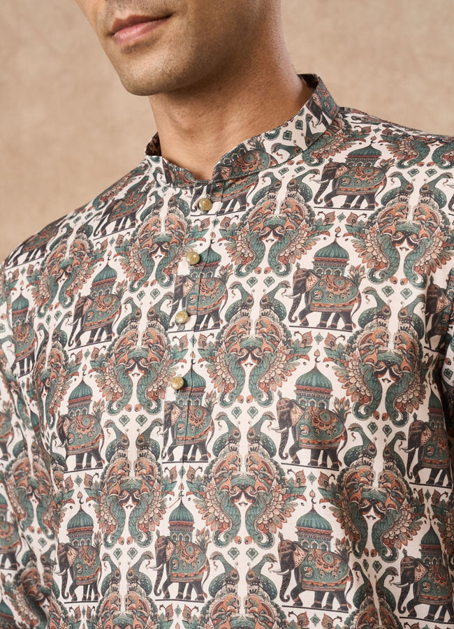Manyavar Men Olive Green Blended Cotton Printed Short Kurta