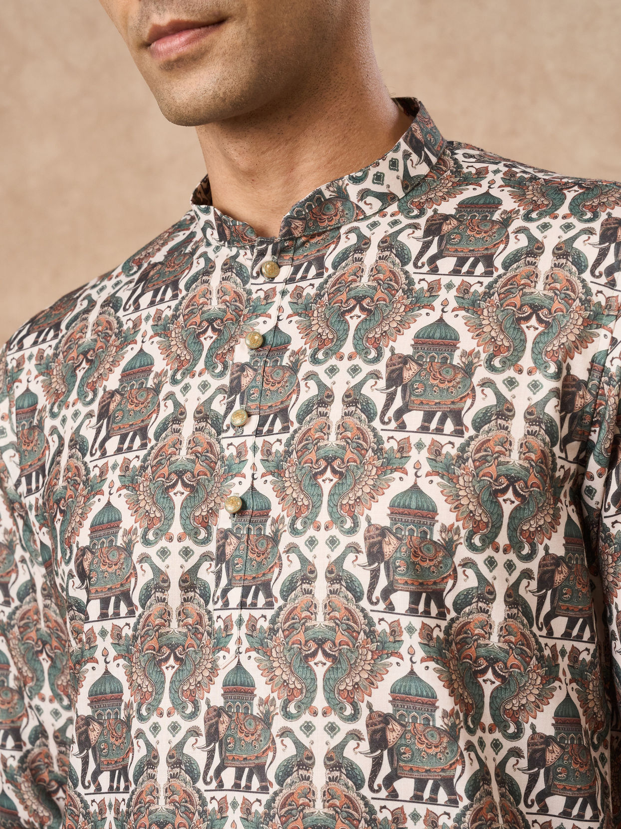 Manyavar Men Olive Green Blended Cotton Printed Short Kurta