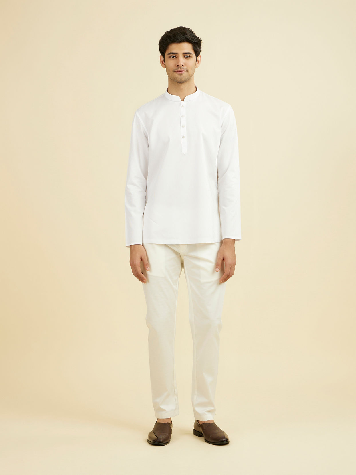 Manyavar Men Elegant White Cotton Short Kurta