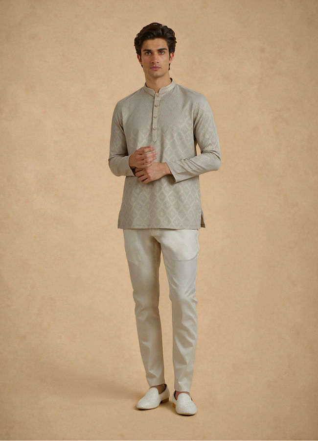 Manyavar Men Sage Green Cotton Self-Textured Short Kurta