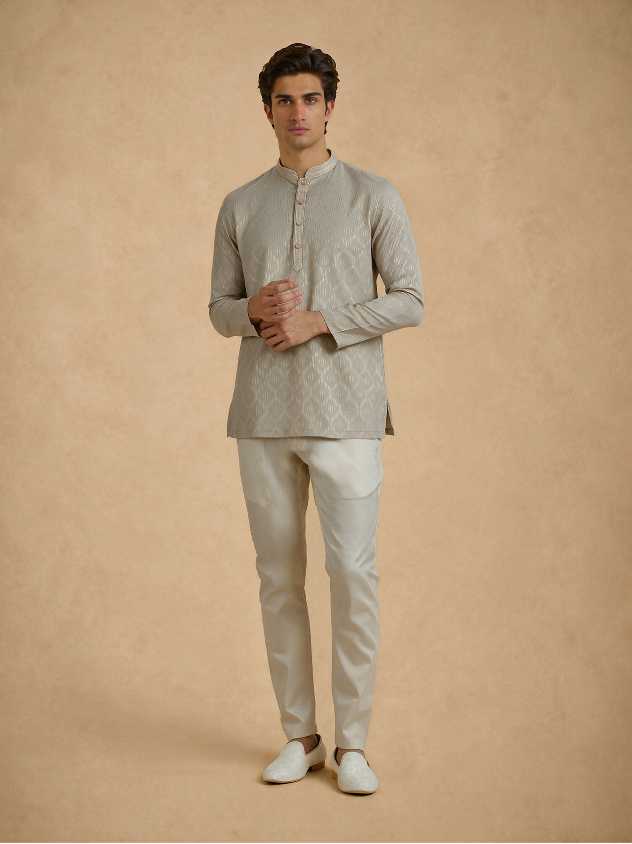 Manyavar Men Sage Green Cotton Self-Textured Short Kurta
