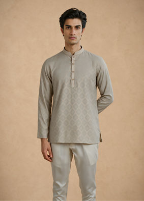 Manyavar Men Sage Green Cotton Self-Textured Short Kurta