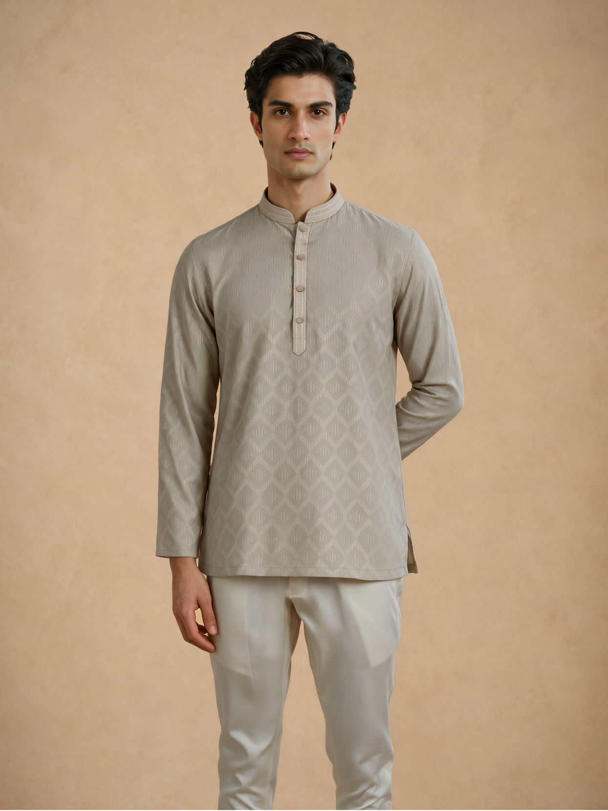 Manyavar Men Sage Green Cotton Self-Textured Short Kurta