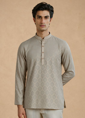 Manyavar Men Sage Green Cotton Self-Textured Short Kurta