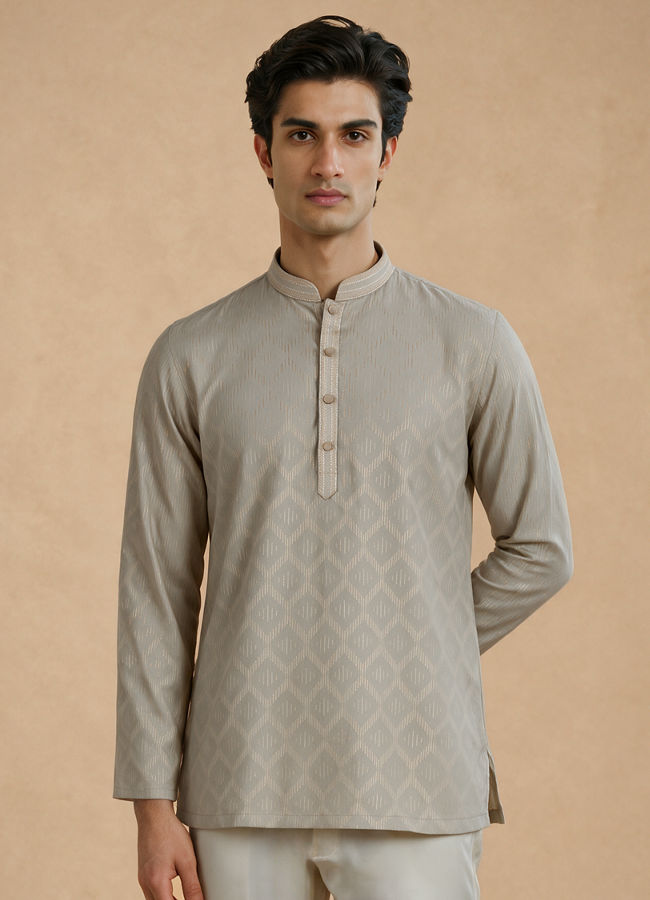 Manyavar Men Sage Green Cotton Self-Textured Short Kurta