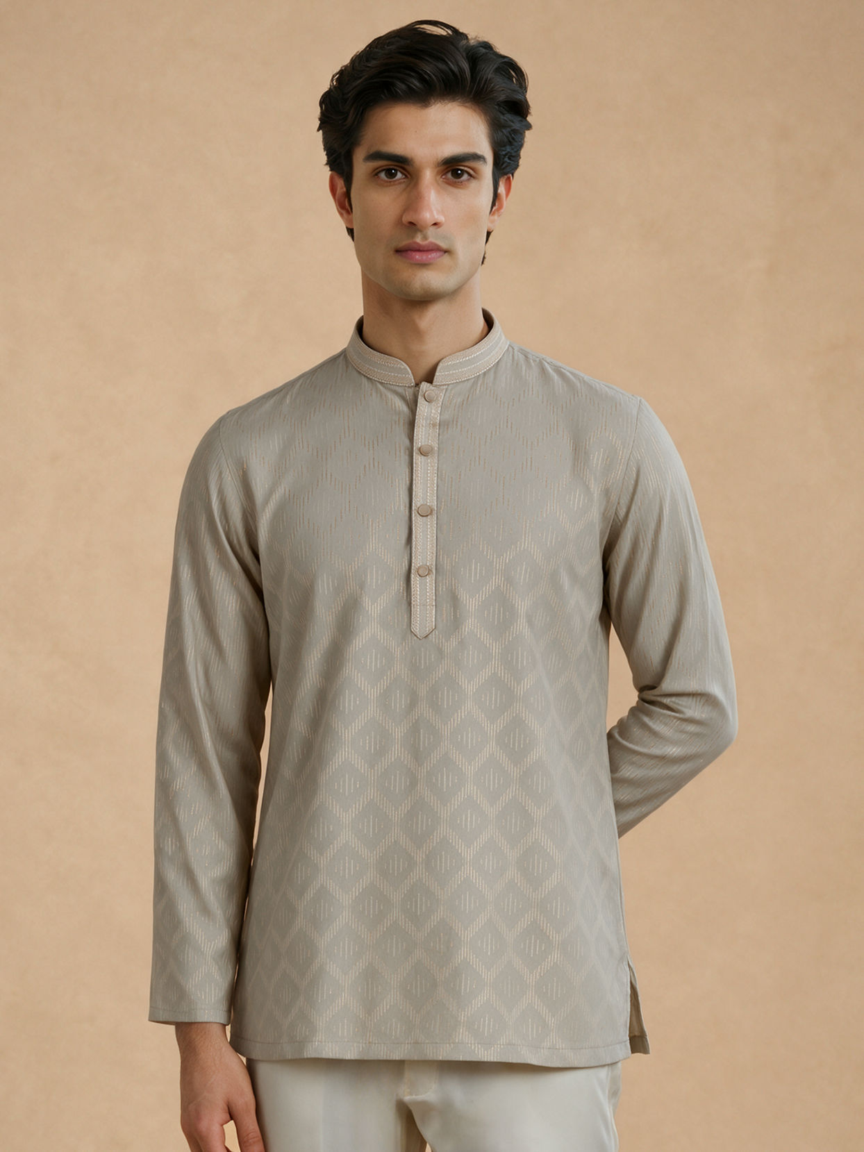 Manyavar Men Sage Green Cotton Self-Textured Short Kurta