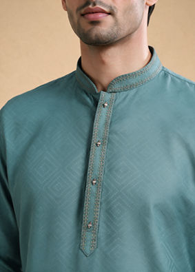 Manyavar Men Teal Green Cotton Short Kurta with Self-Texture
