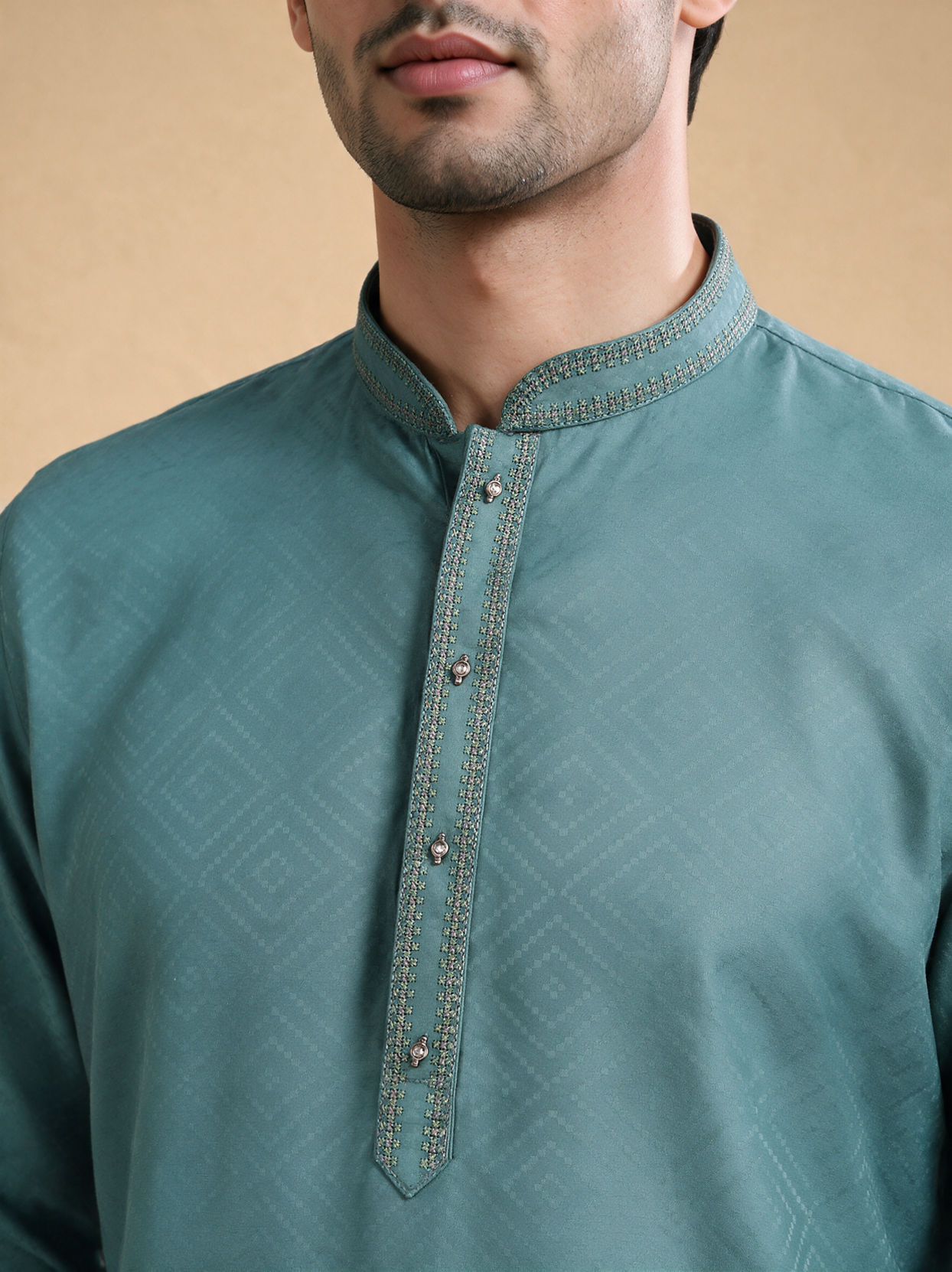 Manyavar Men Teal Green Cotton Short Kurta with Self-Texture