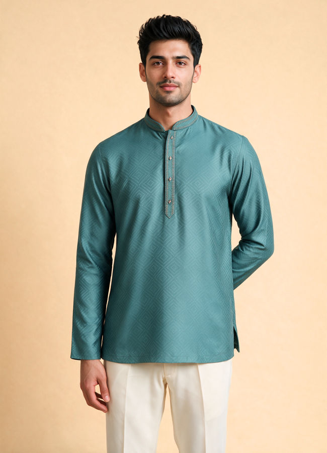 Manyavar Men Teal Green Cotton Short Kurta with Self-Texture