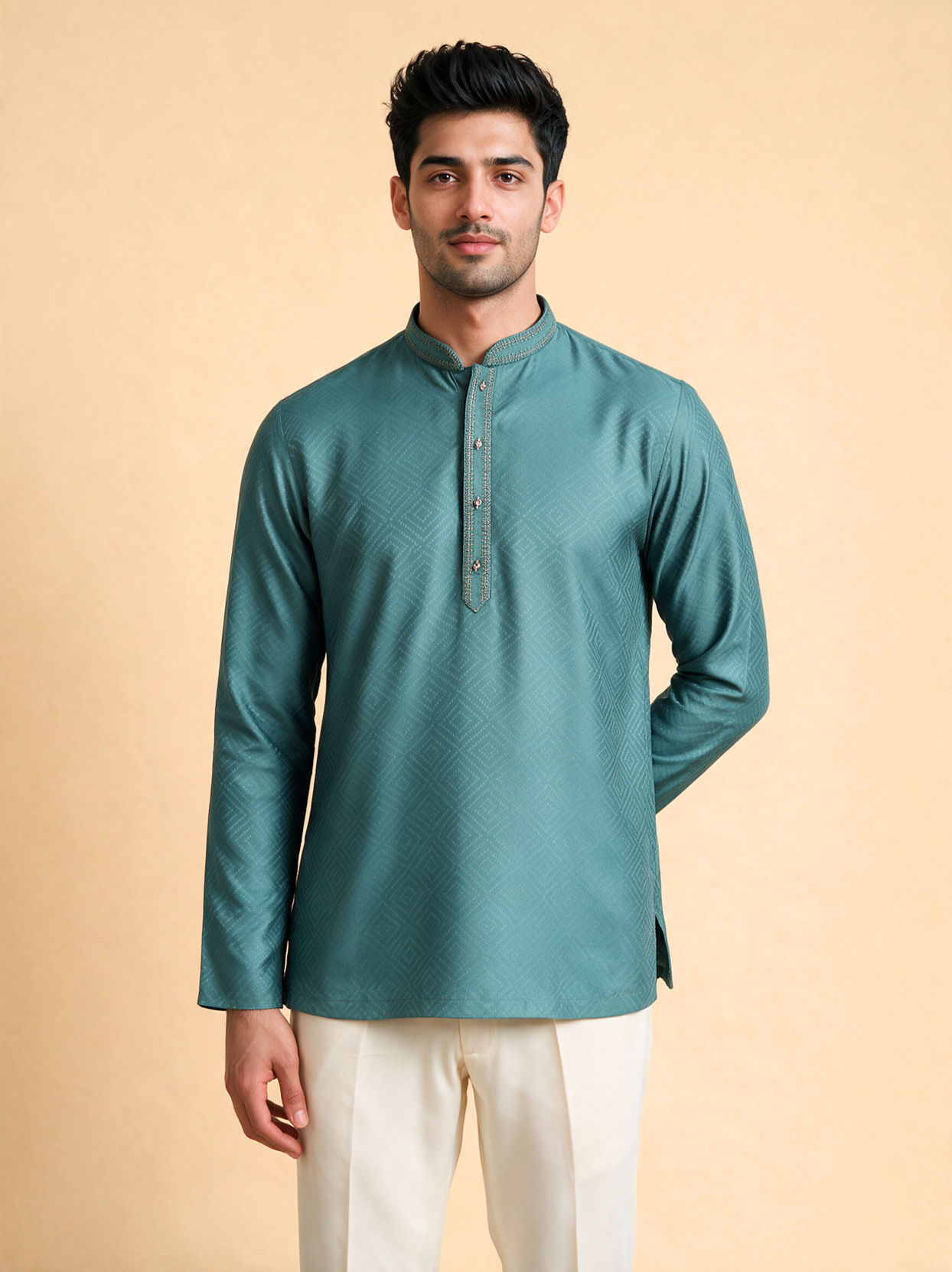 Manyavar Men Teal Green Cotton Short Kurta with Self-Texture
