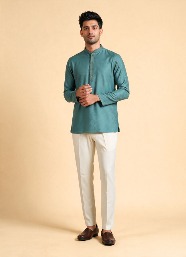 Manyavar Men Teal Green Cotton Short Kurta with Self-Texture
