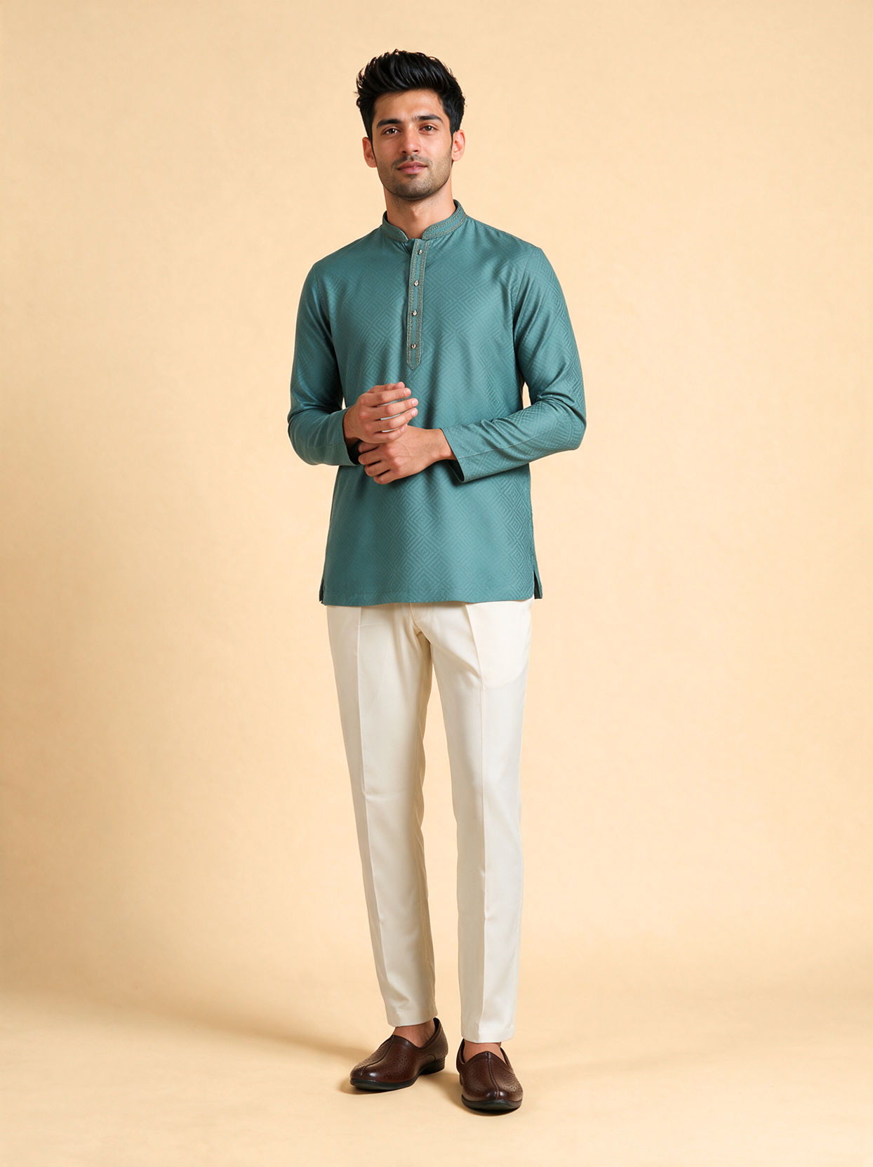 Manyavar Men Teal Green Cotton Short Kurta with Self-Texture