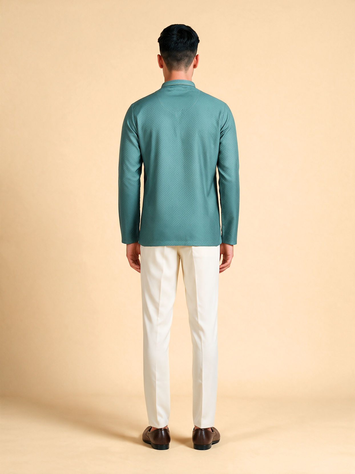 Manyavar Men Teal Green Cotton Short Kurta with Self-Texture