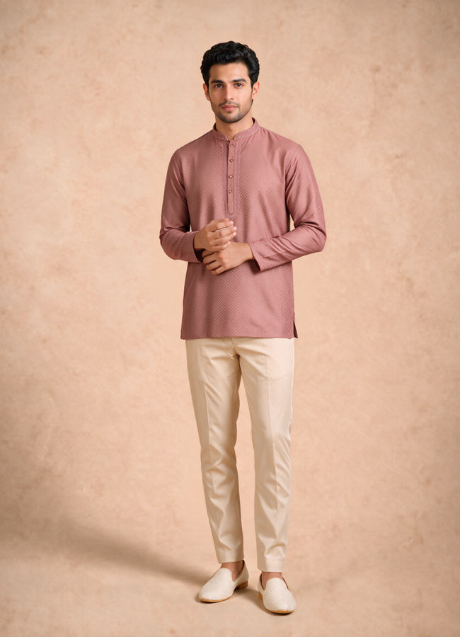 Manyavar Men Dusty Pink Cotton Short Kurta with Embroidery