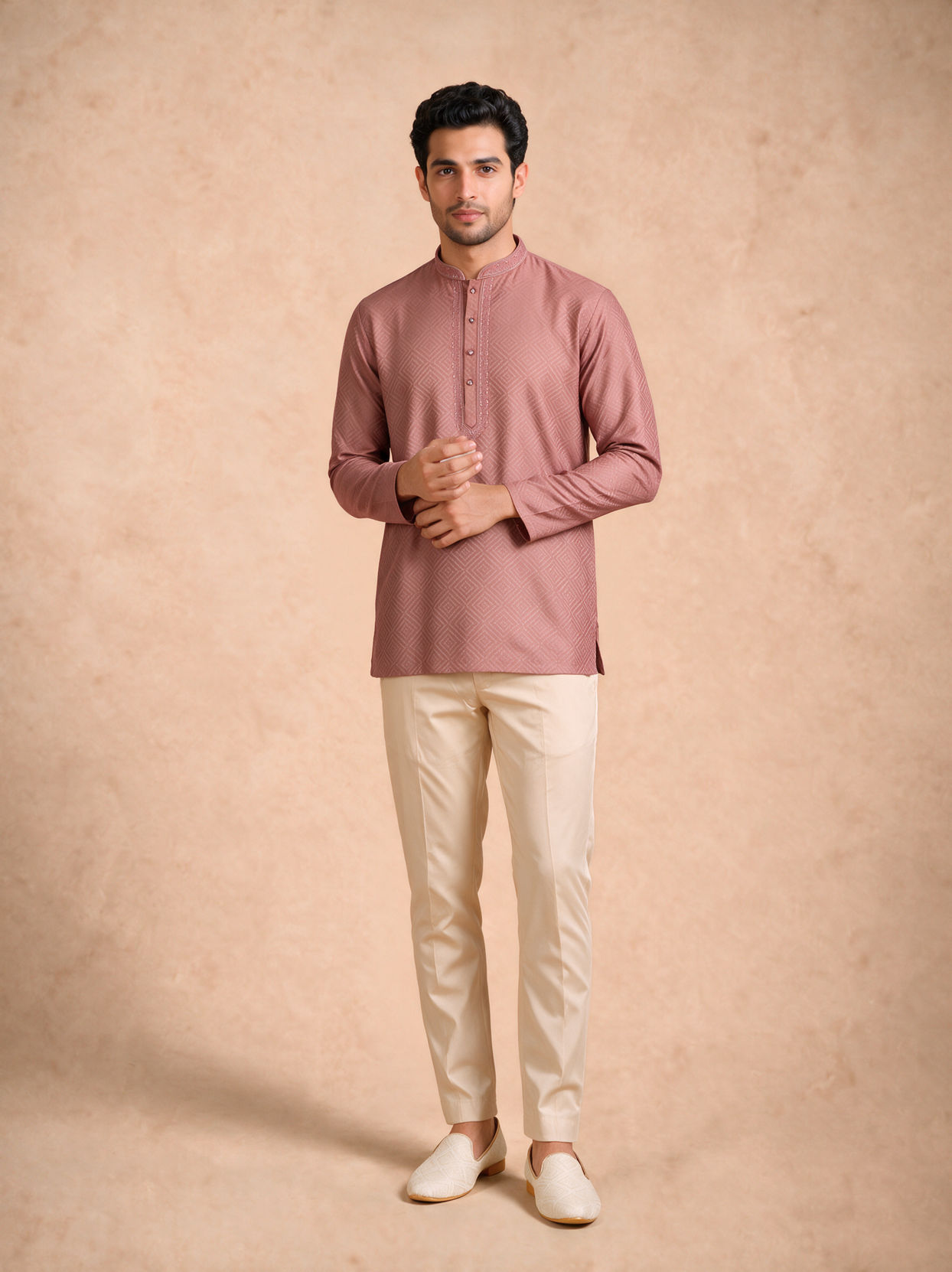 Manyavar Men Dusty Pink Cotton Short Kurta with Embroidery
