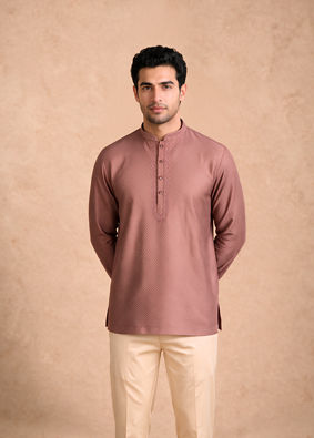 Manyavar Men Dusty Pink Cotton Short Kurta with Embroidery