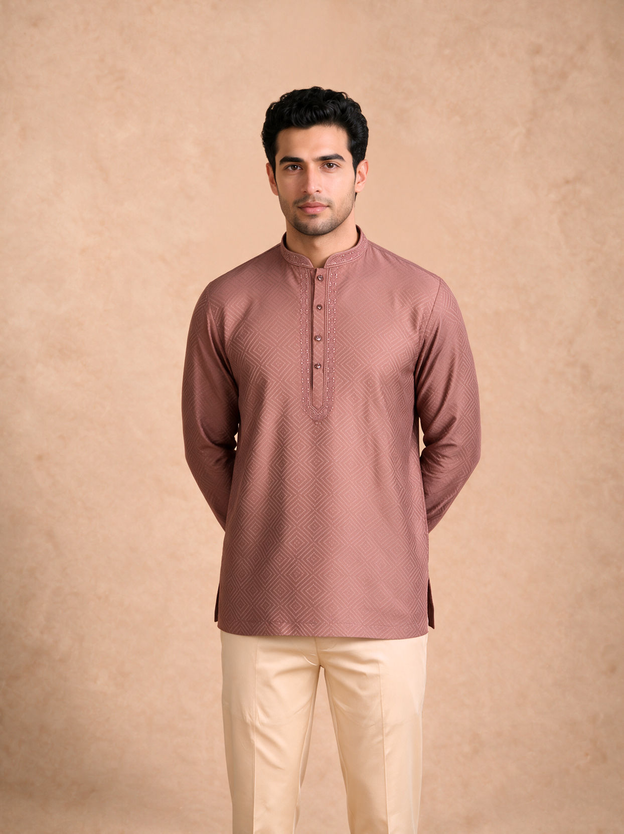 Manyavar Men Dusty Pink Cotton Short Kurta with Embroidery