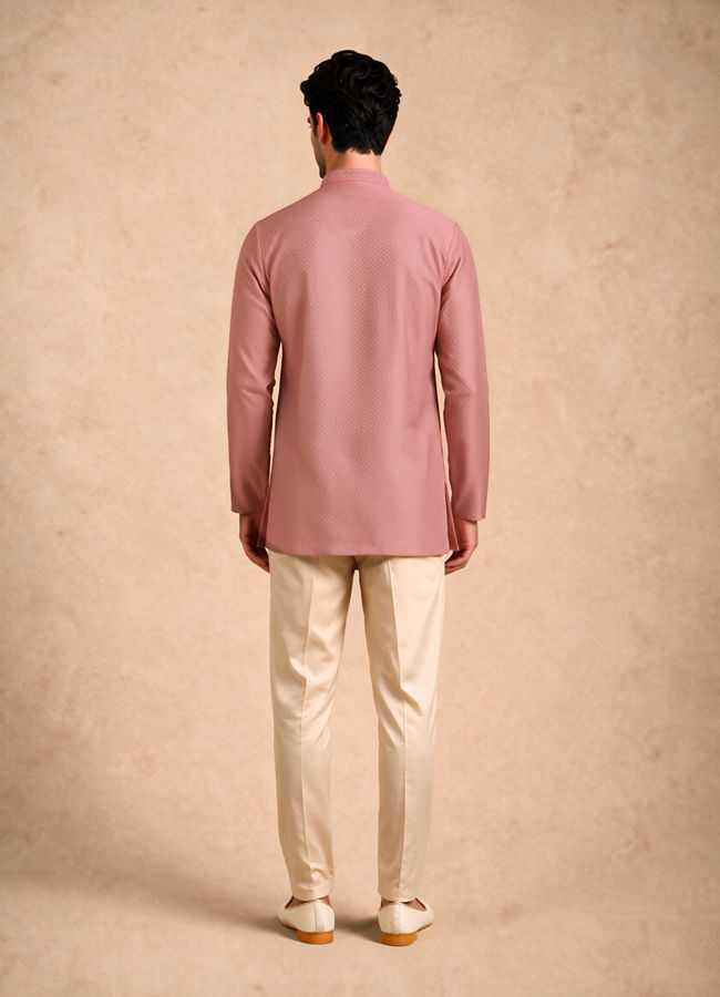 Manyavar Men Dusty Pink Cotton Short Kurta with Embroidery