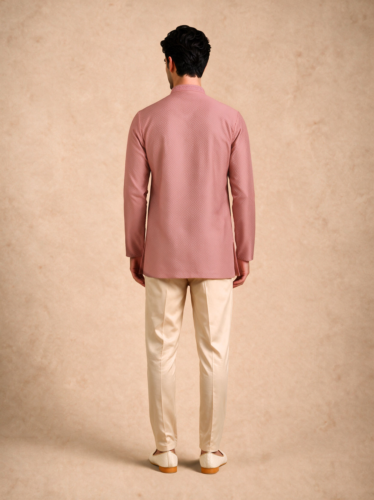 Manyavar Men Dusty Pink Cotton Short Kurta with Embroidery