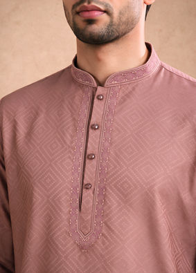 Manyavar Men Dusty Pink Cotton Short Kurta with Embroidery