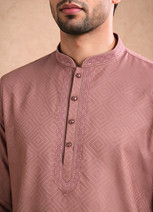 Manyavar Men Dusty Pink Cotton Short Kurta with Embroidery