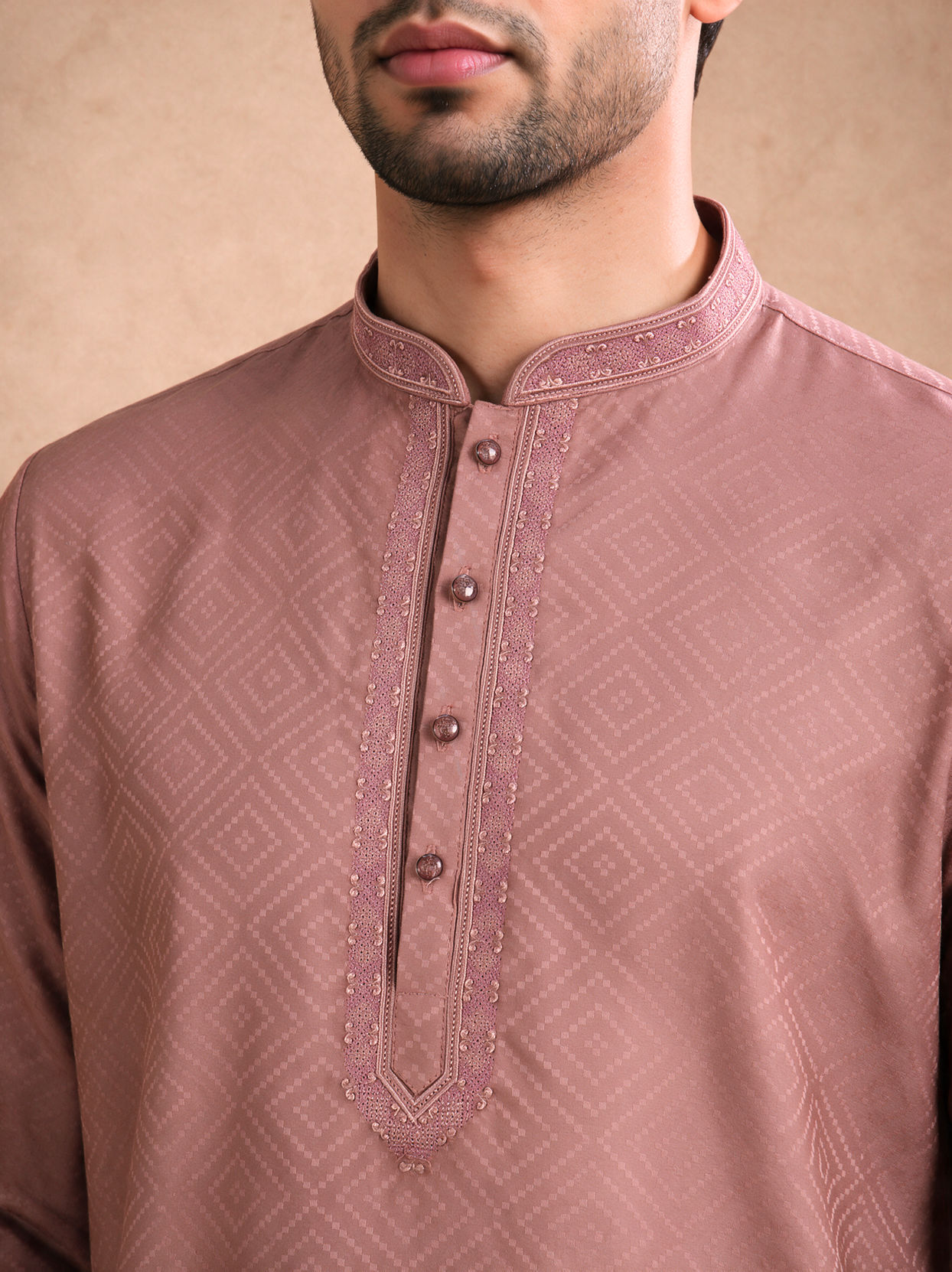 Manyavar Men Dusty Pink Cotton Short Kurta with Embroidery