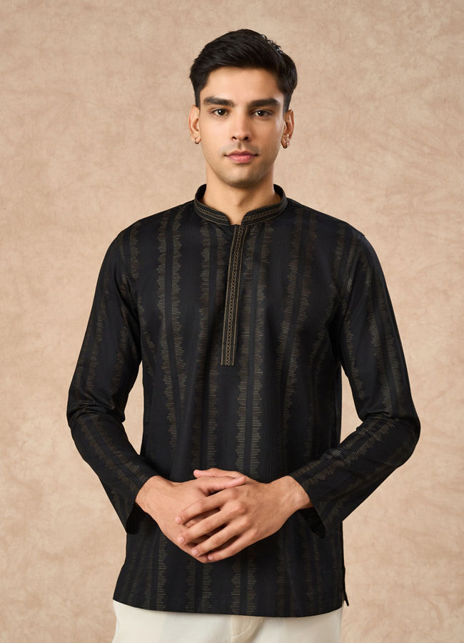 Manyavar Men Black Cotton Short Kurta