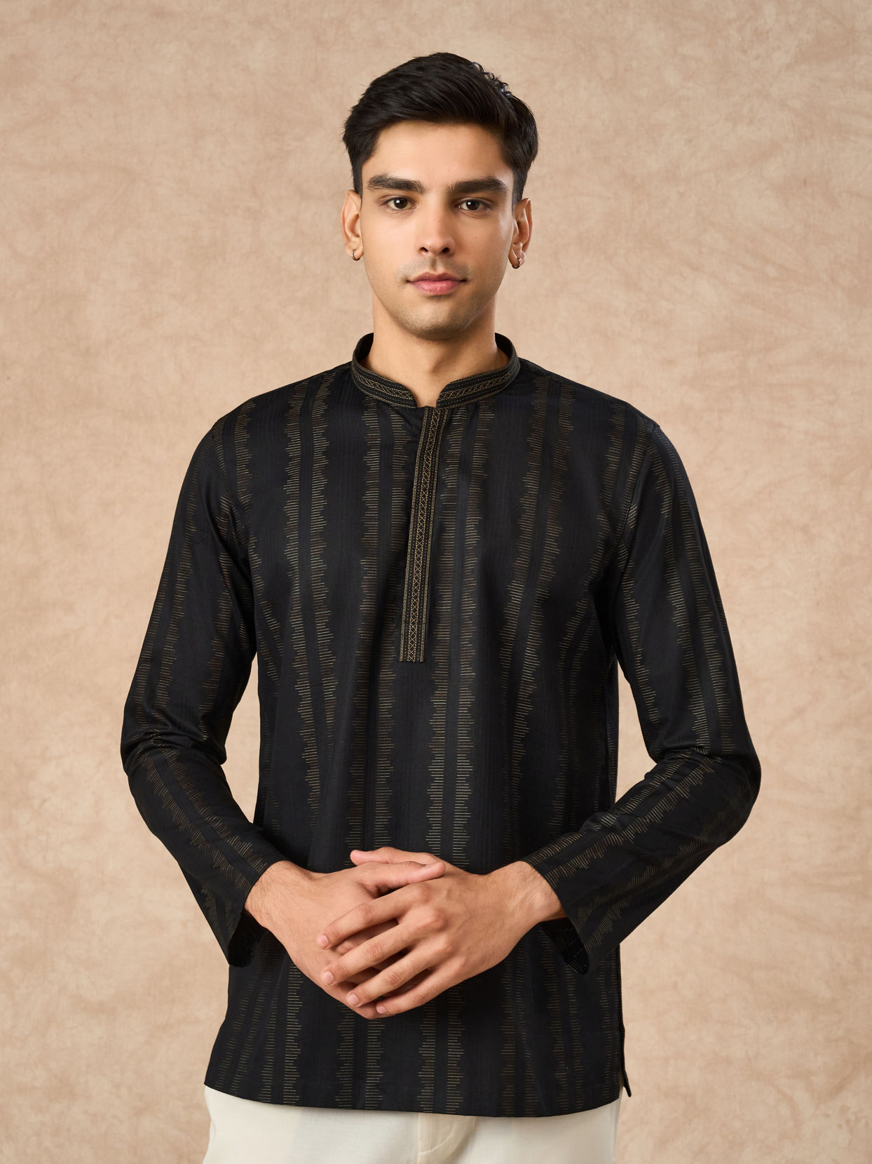 Manyavar Men Black Cotton Short Kurta