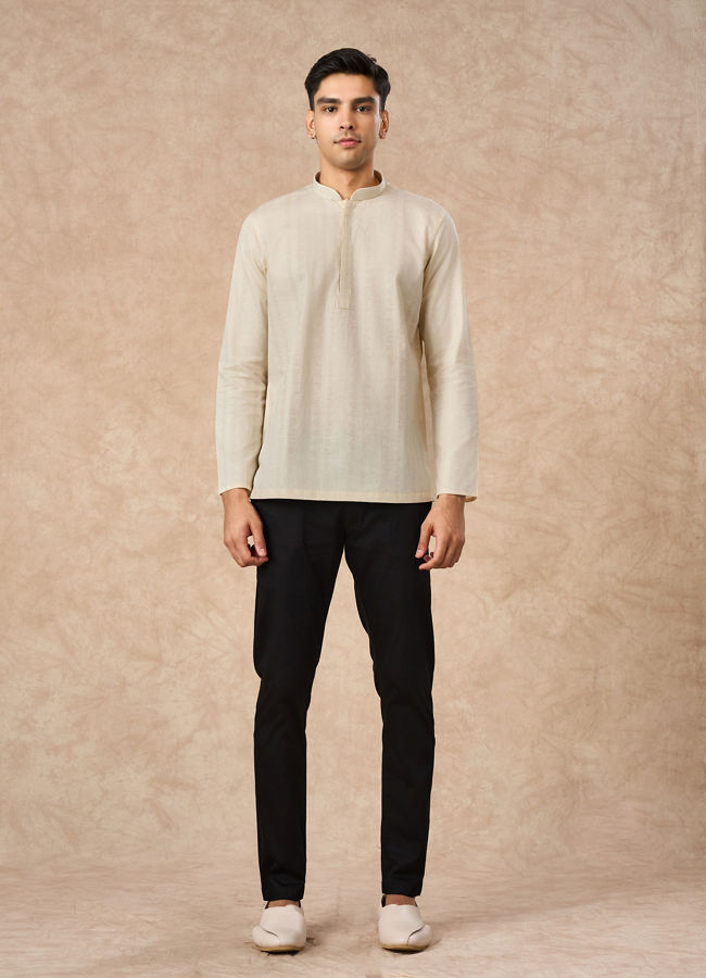 Manyavar Men Cream Cotton Short Kurta with Subtle Pattern