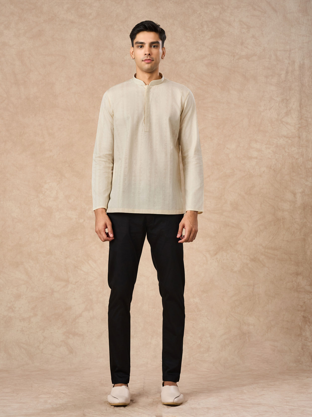 Manyavar Men Cream Cotton Short Kurta with Subtle Pattern