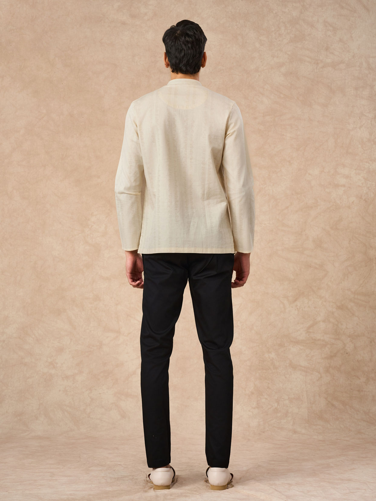 Manyavar Men Cream Cotton Short Kurta with Subtle Pattern