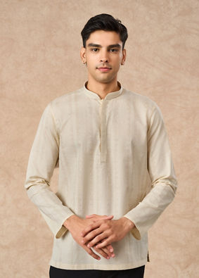 Manyavar Men Cream Cotton Short Kurta with Subtle Pattern