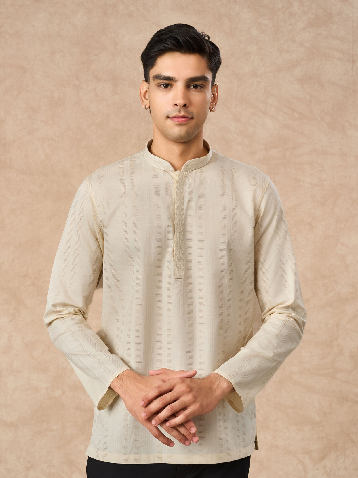 Manyavar Men Cream Cotton Short Kurta with Subtle Pattern