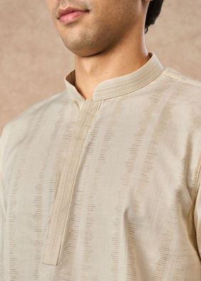 Manyavar Men Cream Cotton Short Kurta with Subtle Pattern