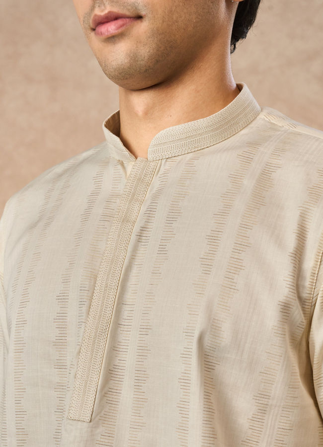 Manyavar Men Cream Cotton Short Kurta with Subtle Pattern