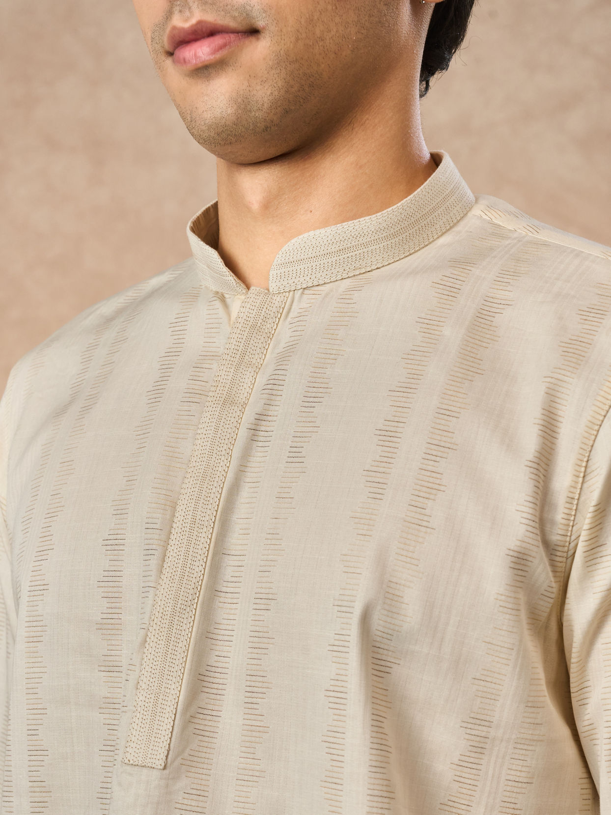 Manyavar Men Cream Cotton Short Kurta with Subtle Pattern