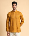 Manyavar Men Mustard Cotton Short Kurta with Textured Stripes