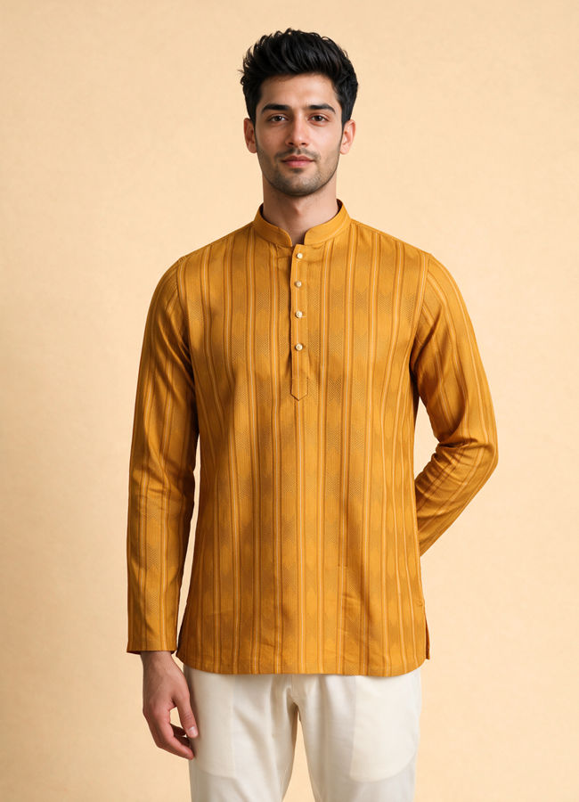 Manyavar Men Mustard Cotton Short Kurta with Textured Stripes