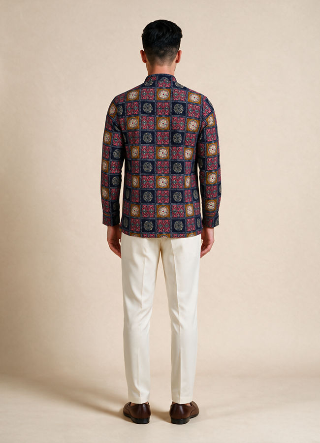 Manyavar Men Blue Cotton Short Kurta with Print