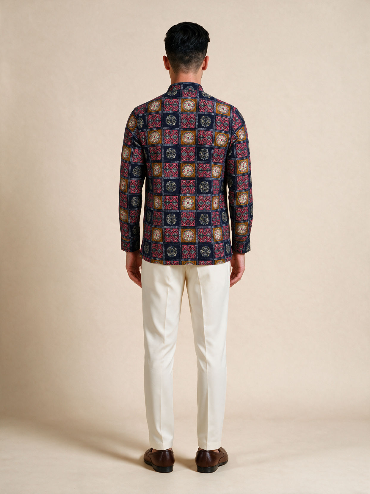 Manyavar Men Blue Cotton Short Kurta with Print