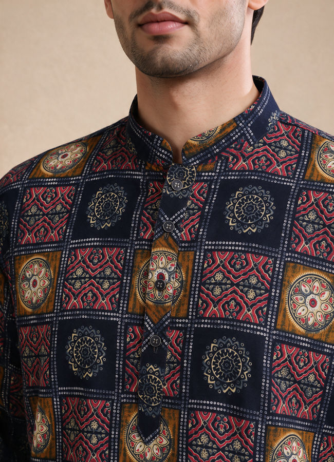 Manyavar Men Blue Cotton Short Kurta with Print