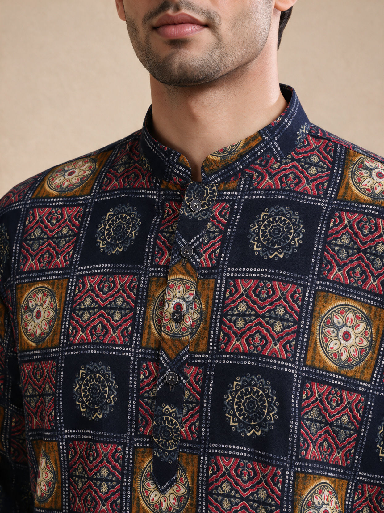 Manyavar Men Blue Cotton Short Kurta with Print