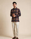 Manyavar Men Blue Cotton Short Kurta with Print