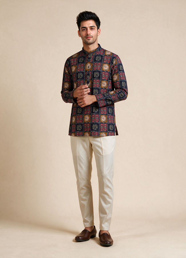 Manyavar Men Blue Cotton Short Kurta with Print
