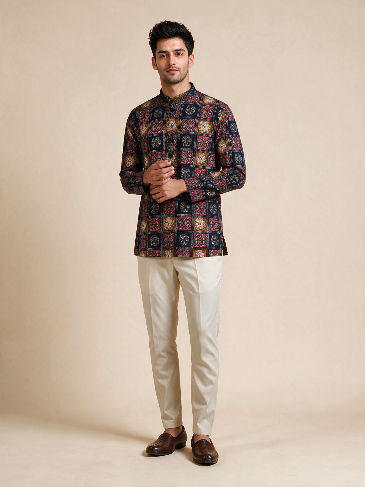 Manyavar Men Blue Cotton Short Kurta with Print