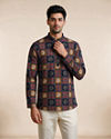Manyavar Men Blue Cotton Short Kurta with Print