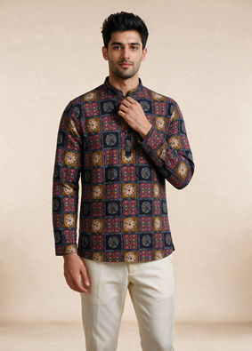 Manyavar Men Blue Cotton Short Kurta with Print