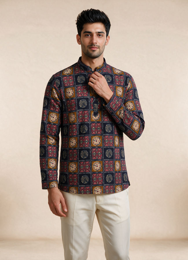 Manyavar Men Blue Cotton Short Kurta with Print